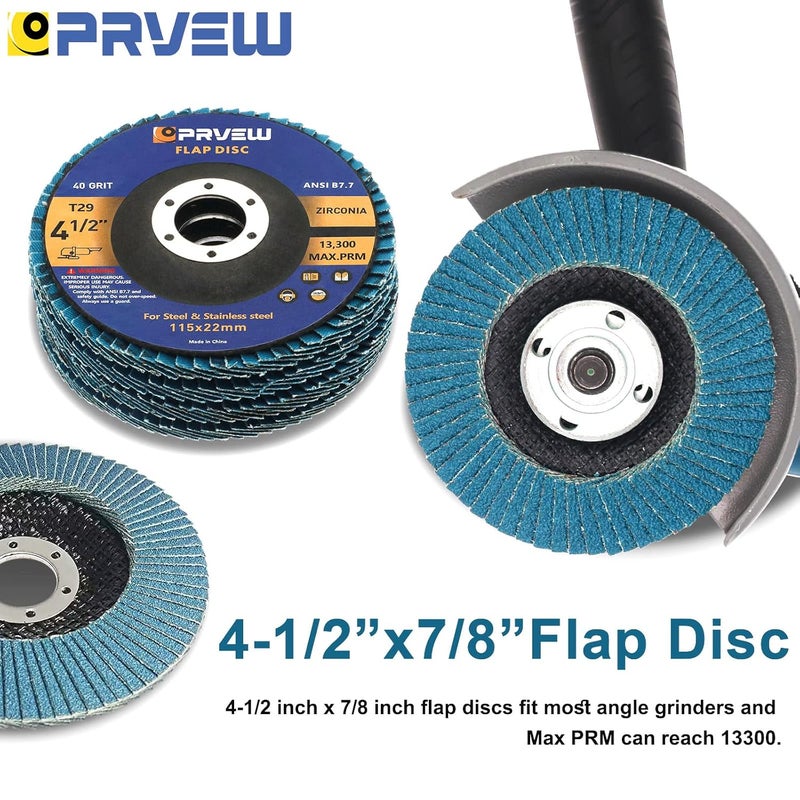 PRVEW Flap Discs 4 1/2 Inch, 5-Pack 4.5" x 7/8" T29 Premium Zirconia Abrasive Grinding Wheels, 40/60/80/120 Assorted Grits Flap Sanding Disc for Metal,Stainless Steel - Image 4